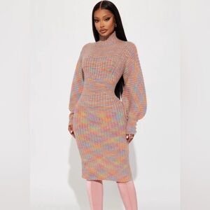 Fashion Nova Multicolor Ribbed Sweater Midi Dress Balloon Sleeve Bodycon